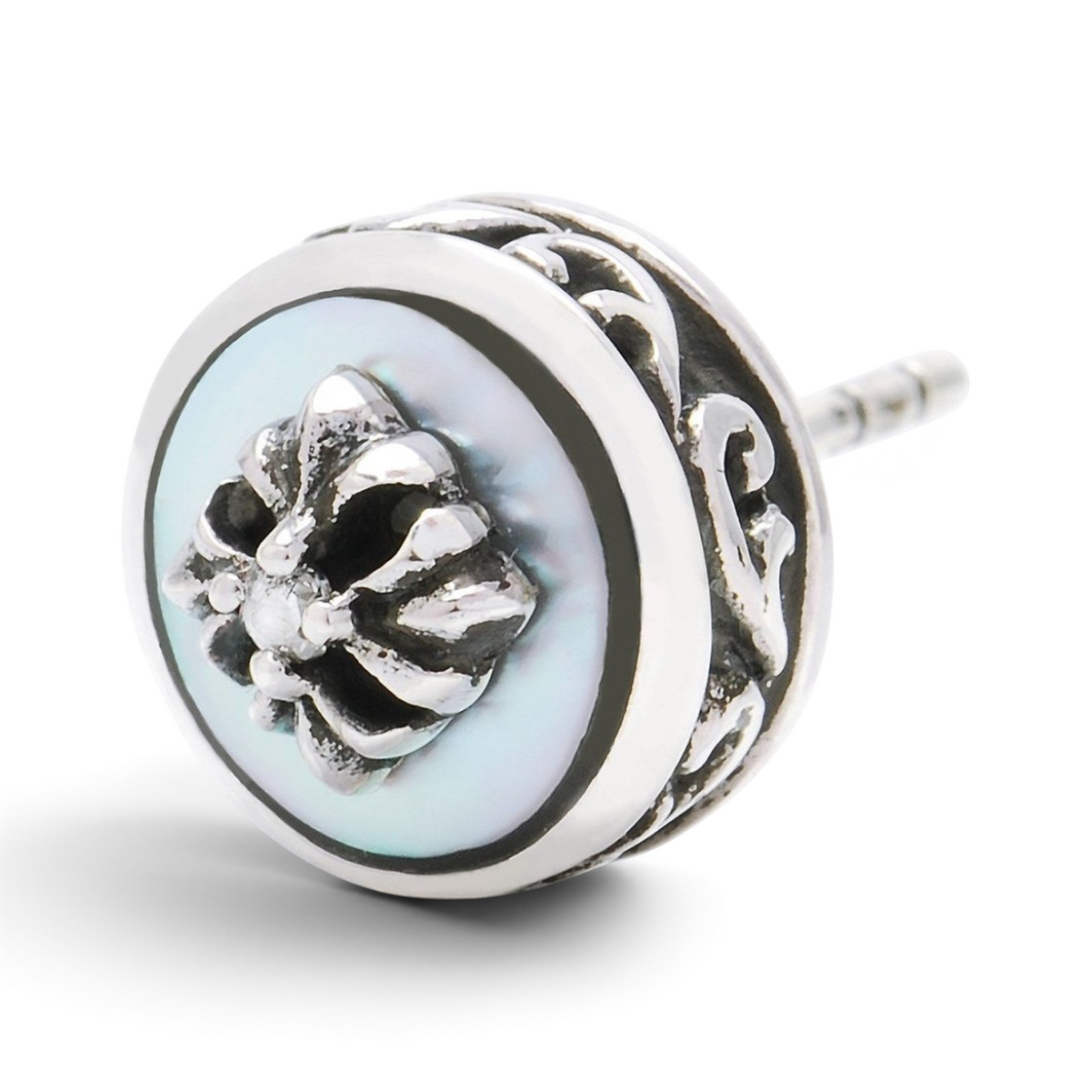 Truelements Jewelry sterling silver stud earring featuring a cross motif, white shell inlay, and clear zirconia.