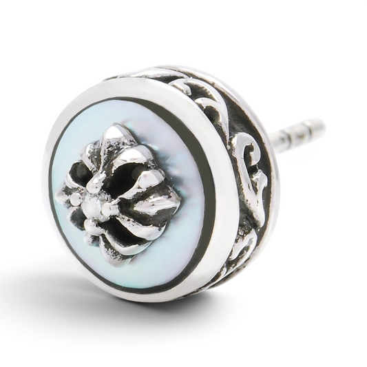 Truelements Jewelry sterling silver stud earring featuring a cross motif, white shell inlay, and clear zirconia.