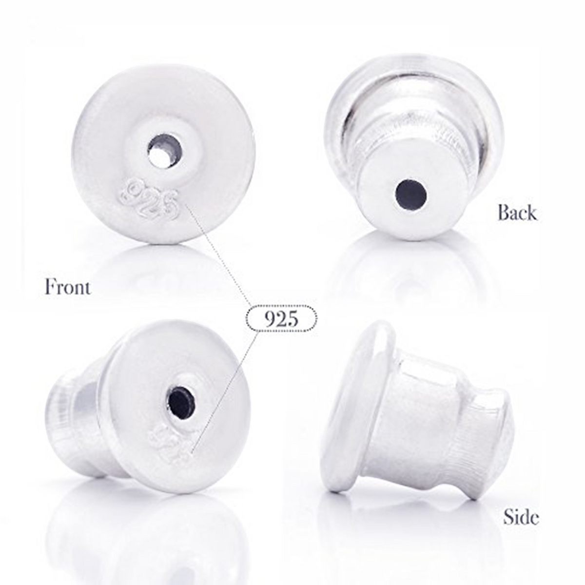 Truelements Jewelry silver 925 earring backings showing front, back, and side views with 925 hallmark engraving