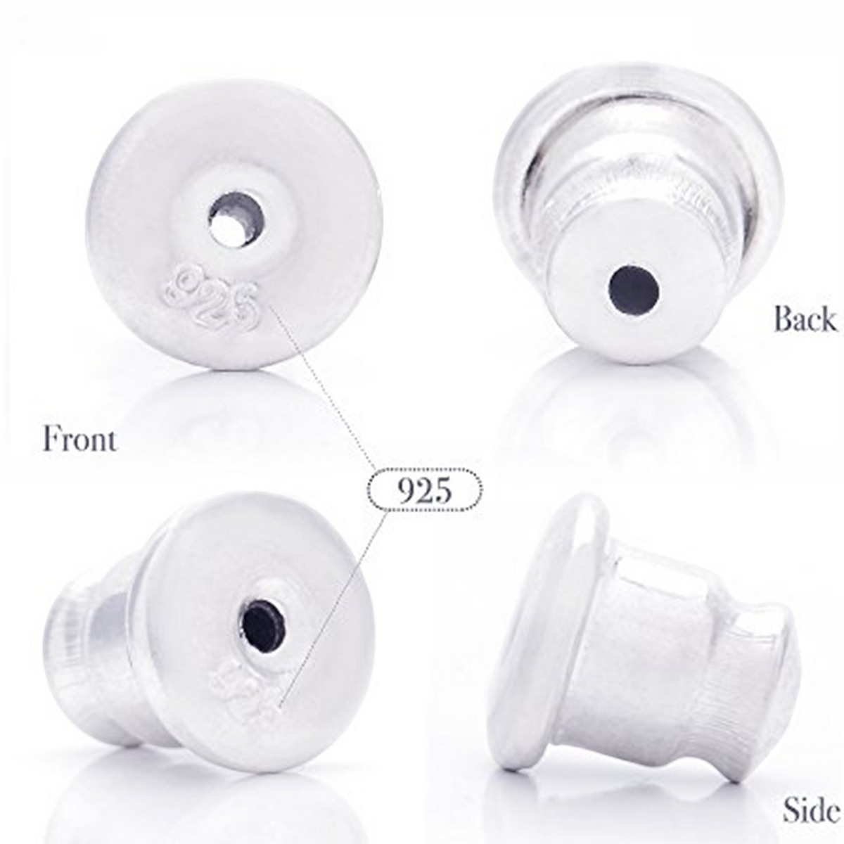 Truelements Jewelry silver 925 earring back with 925 hallmark stamp shown from front, back, and side angles