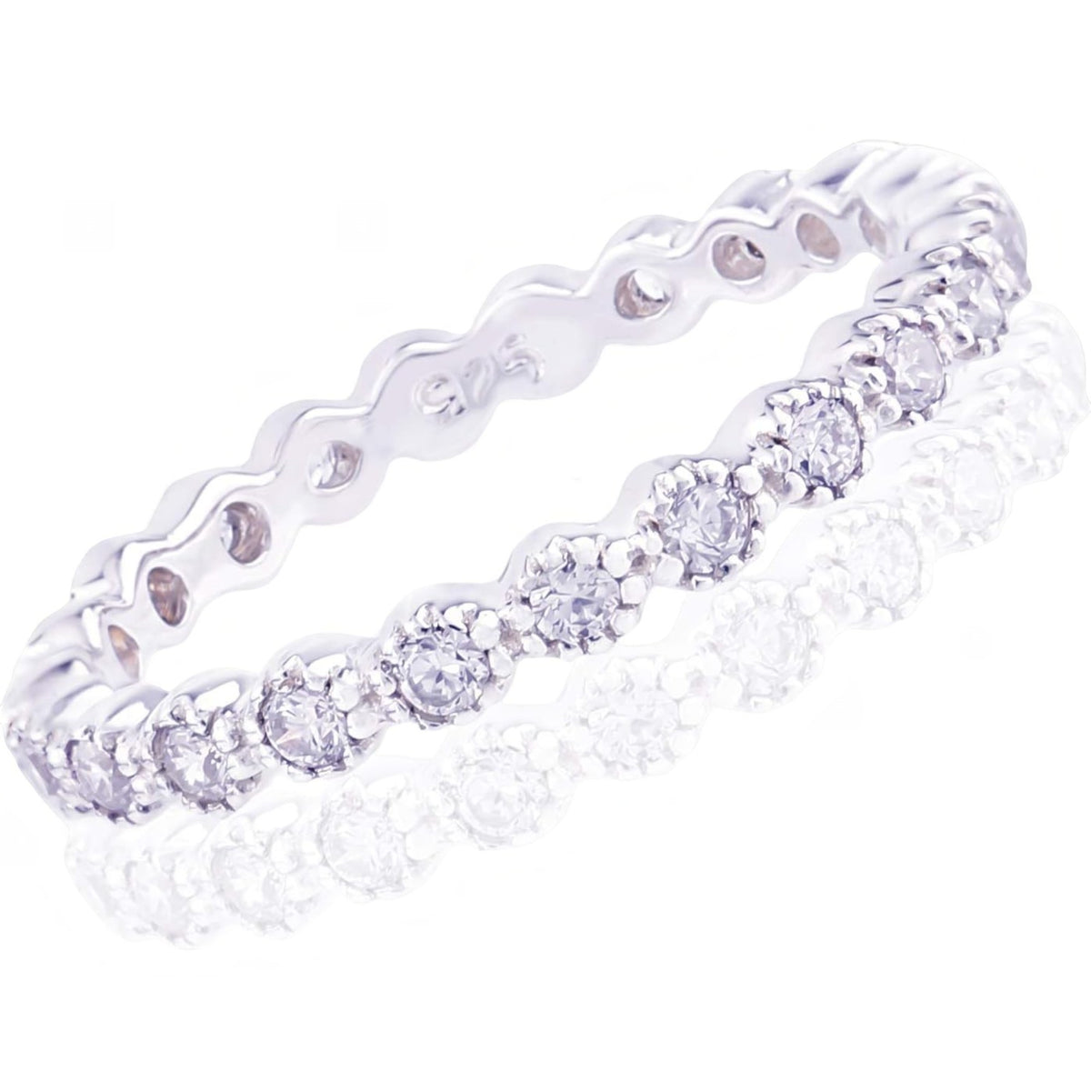 Truelements Jewelry sterling silver eternity pinky ring featuring a row of clear cubic zirconia stones