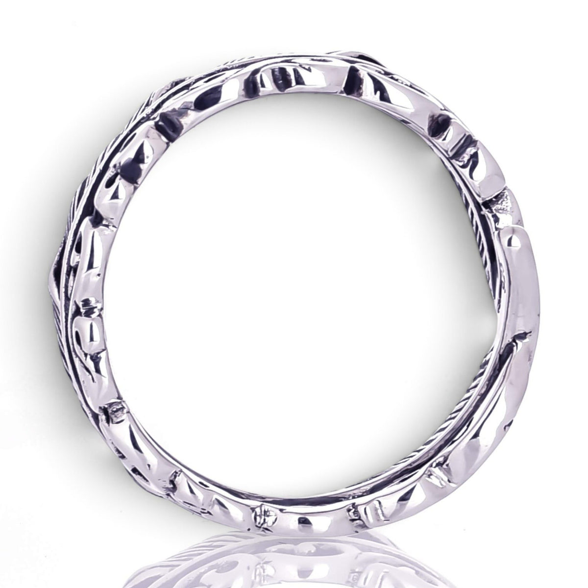 Truelements Jewelry men's sterling silver 925 ring featuring intricate arabesque and feather native motifs