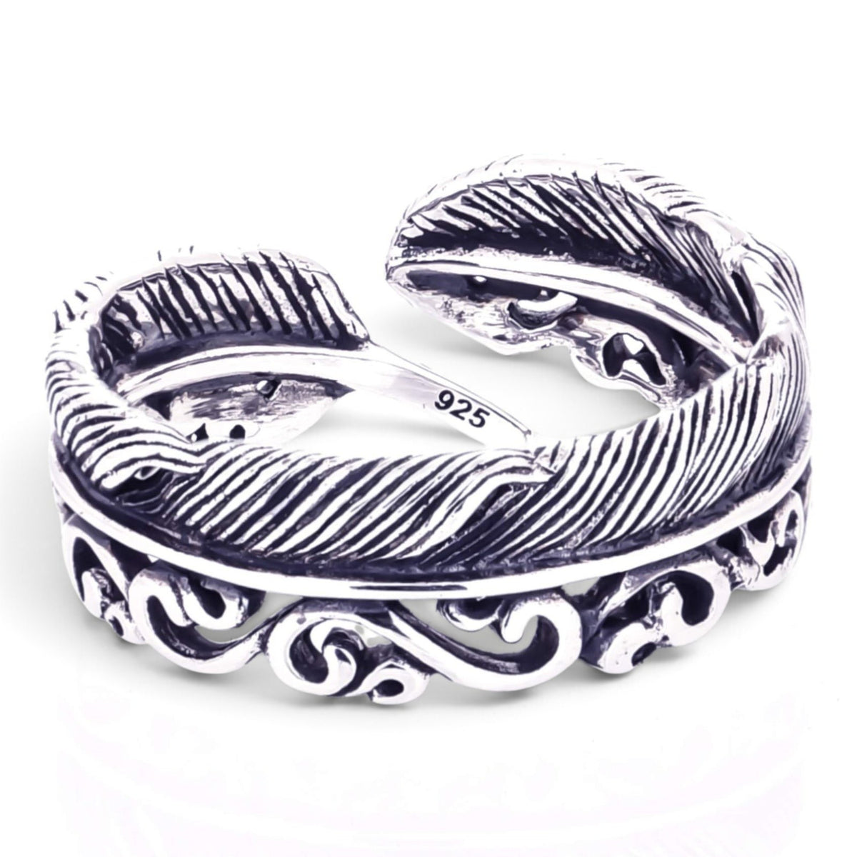 Truelements Jewelry sterling silver 925 adjustable men's ring featuring intricate feather and arabesque scroll motifs