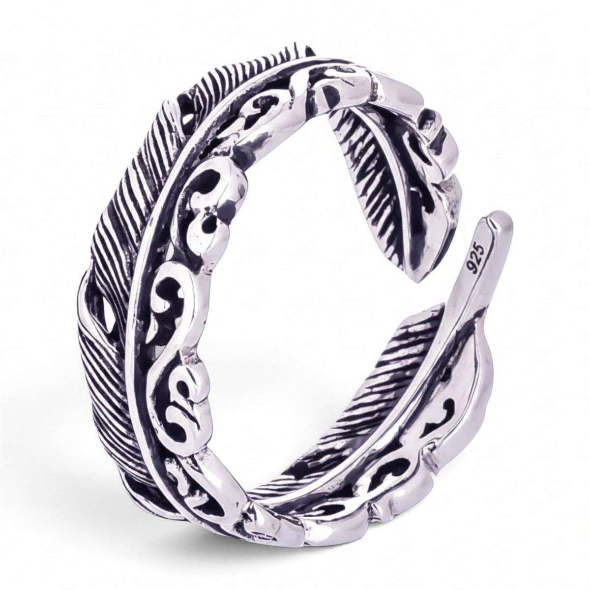 Truelements Jewelry sterling silver 925 adjustable men's ring featuring an intricate feather and arabesque design.