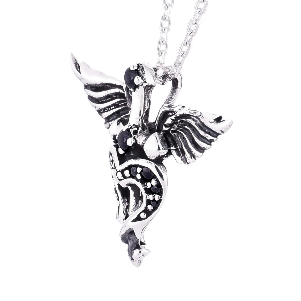 Truelements Jewelry sterling silver pendant featuring a feathered cross and heart design with black cubic zirconia.