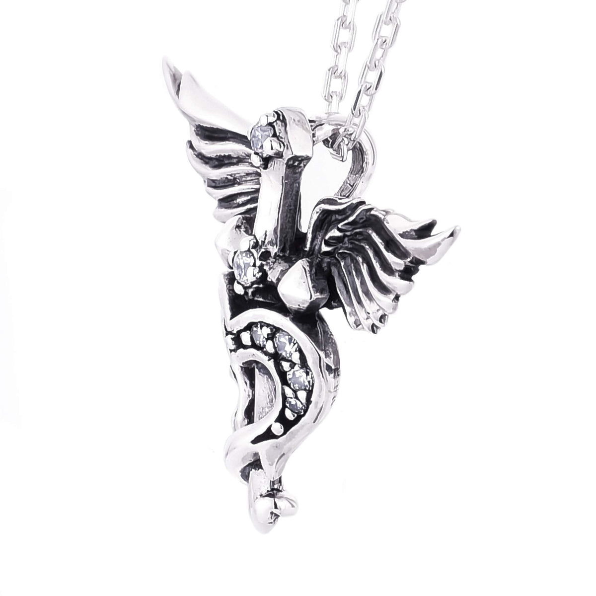 Truelements Jewelry silver 925 pendant featuring a feathered cross and heart design with sparkling cubic zirconia