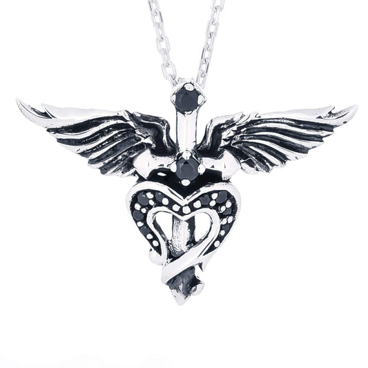 Truelements Jewelry sterling silver pendant featuring a feathered cross and heart with black cubic zirconia accents.