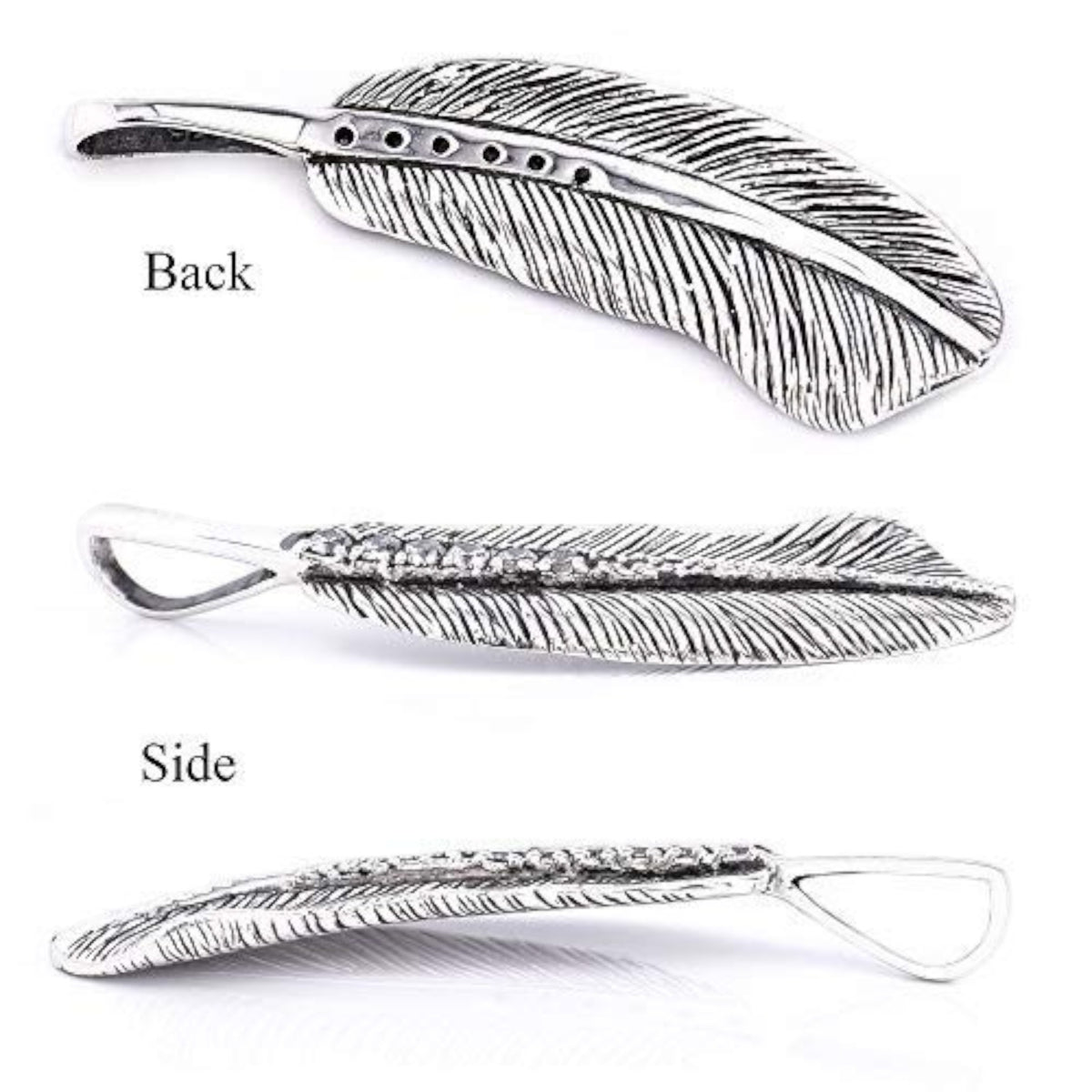 Truelements Jewelry silver 925 feather pendant with clear cubic zirconia and oxidized detailing, back and side views