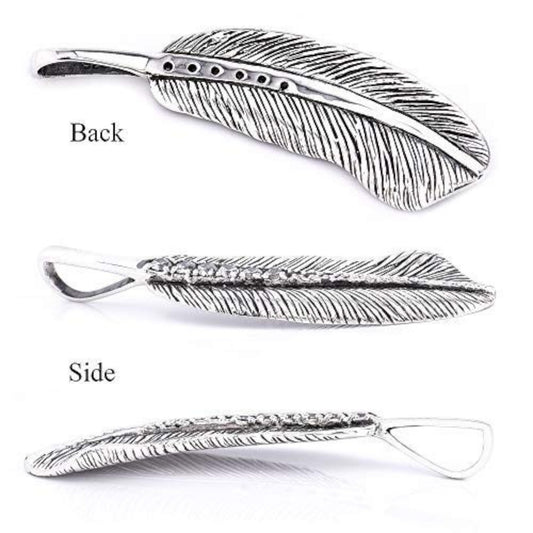 Truelements Jewelry silver 925 feather pendant with clear cubic zirconia and oxidized detailing, back and side views
