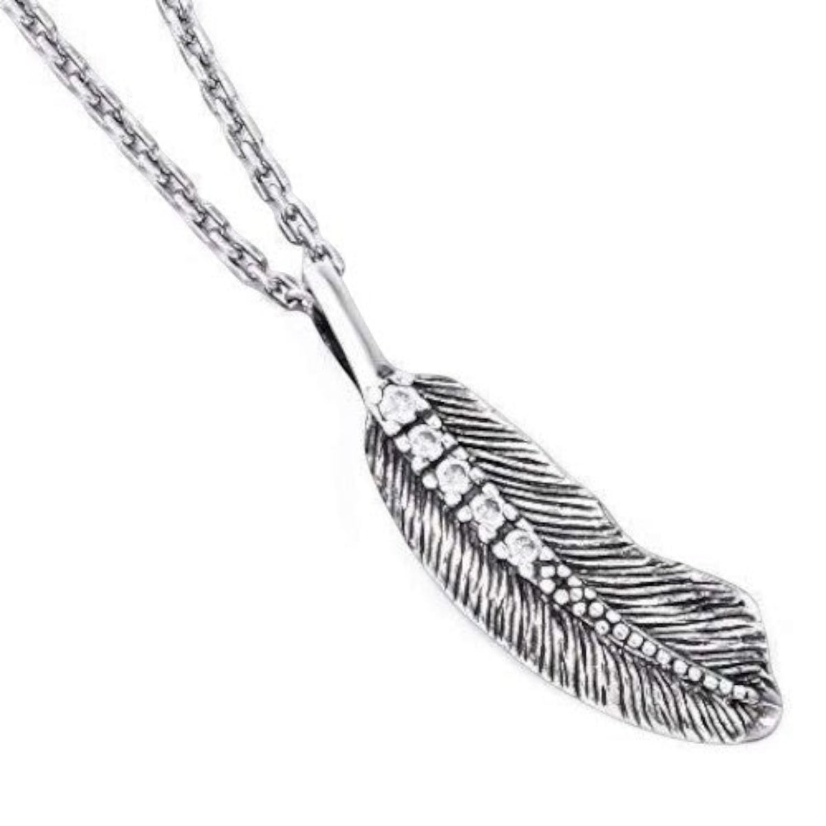 Truelements Jewelry small sterling silver feather pendant with clear cubic zirconia accents and antique finish