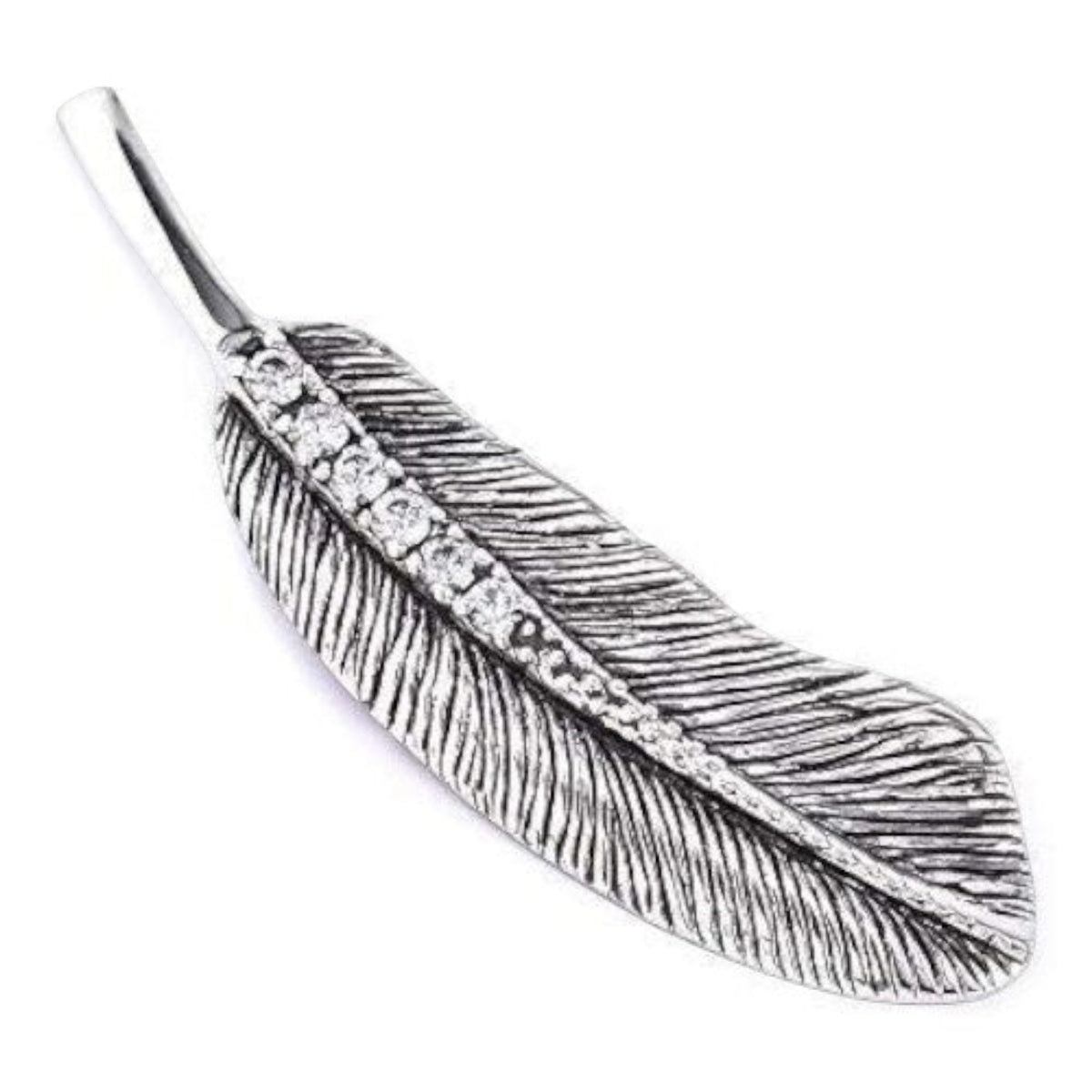 Truelements Jewelry silver 925 feather pendant with clear cubic zirconia and oxidized finish