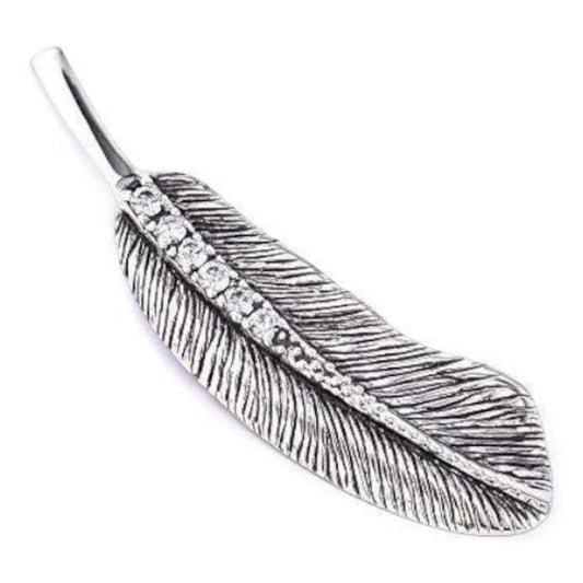 Truelements Jewelry silver 925 feather pendant with clear cubic zirconia and oxidized finish