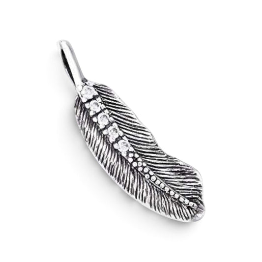 Truelements Jewelry small silver 925 feather pendant with clear cubic zirconia and antique oxidized finish