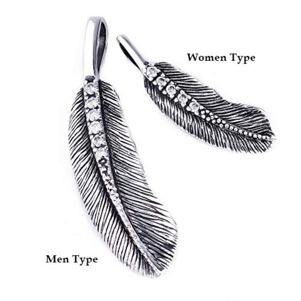 Truelements Jewelry sterling silver feather pendant for women with clear cubic zirconia and antique finish