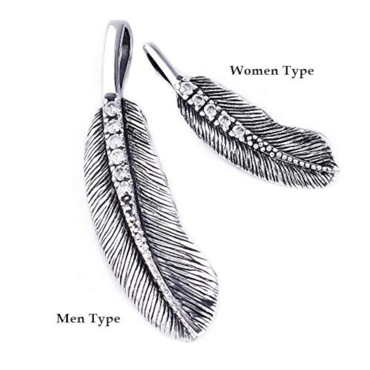 Truelements Jewelry silver 925 feather pendant with clear cubic zirconia and oxidized finish for men and women