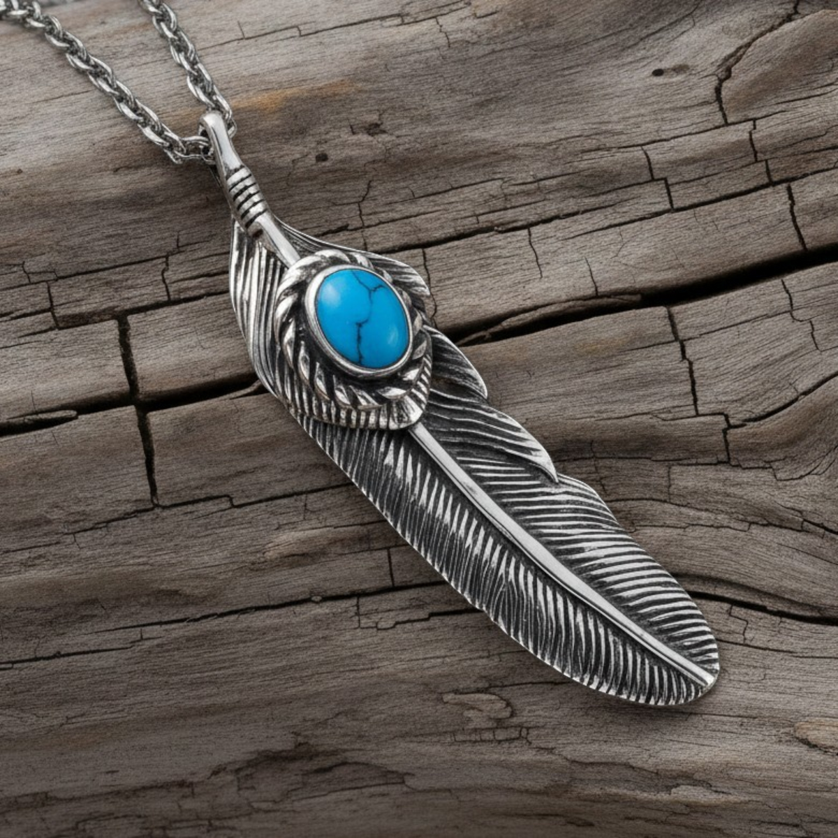 Truelements Jewelry silver 925 feather necklace with a turquoise stone inlay in an Indian jewelry style