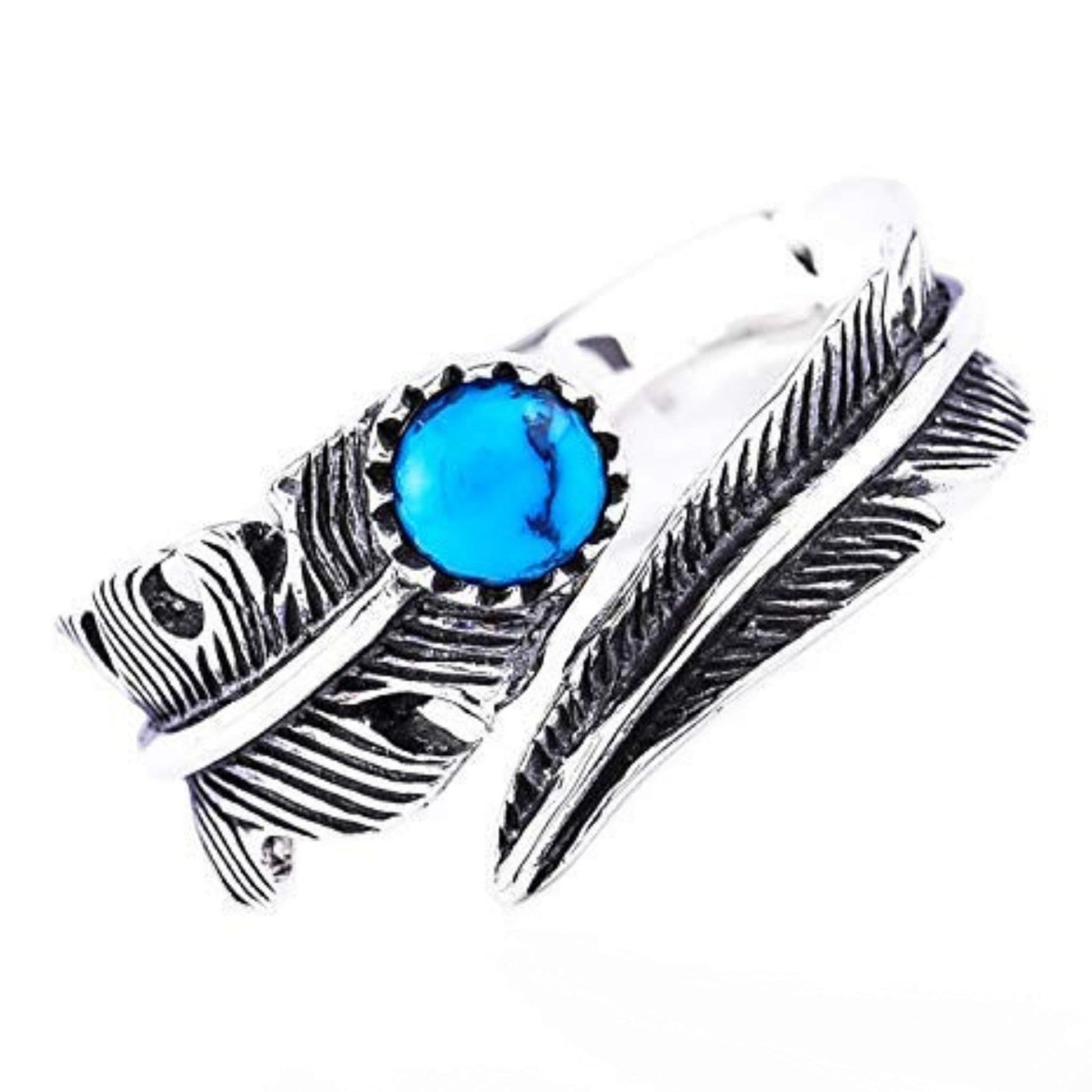 Truelements Jewelry sterling silver 925 double feather ring with a blue synthetic turquoise stone in native style