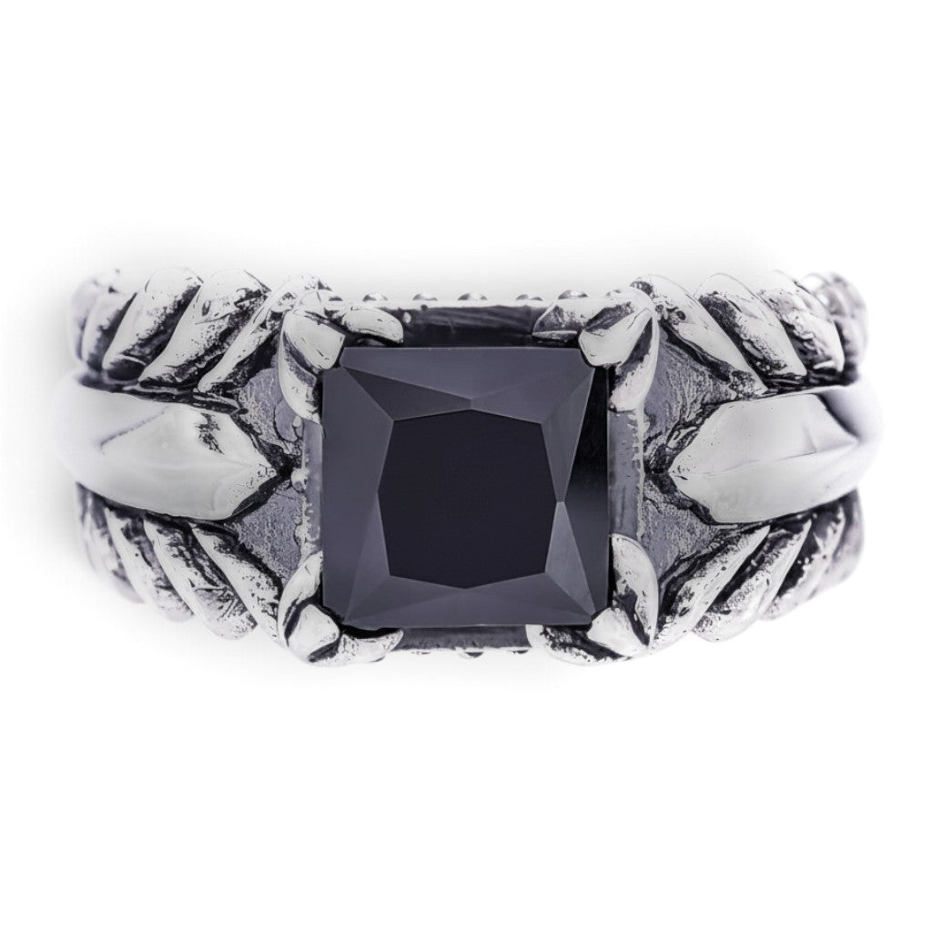 Truelements Jewelry men's sterling silver 925 ring featuring a square black zirconia stone with feather and arabesque