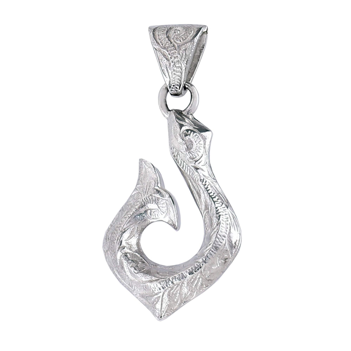 Truelements Jewelry silver 925 Hawaiian fish hook pendant with engraved scroll wave patterns, reversible design