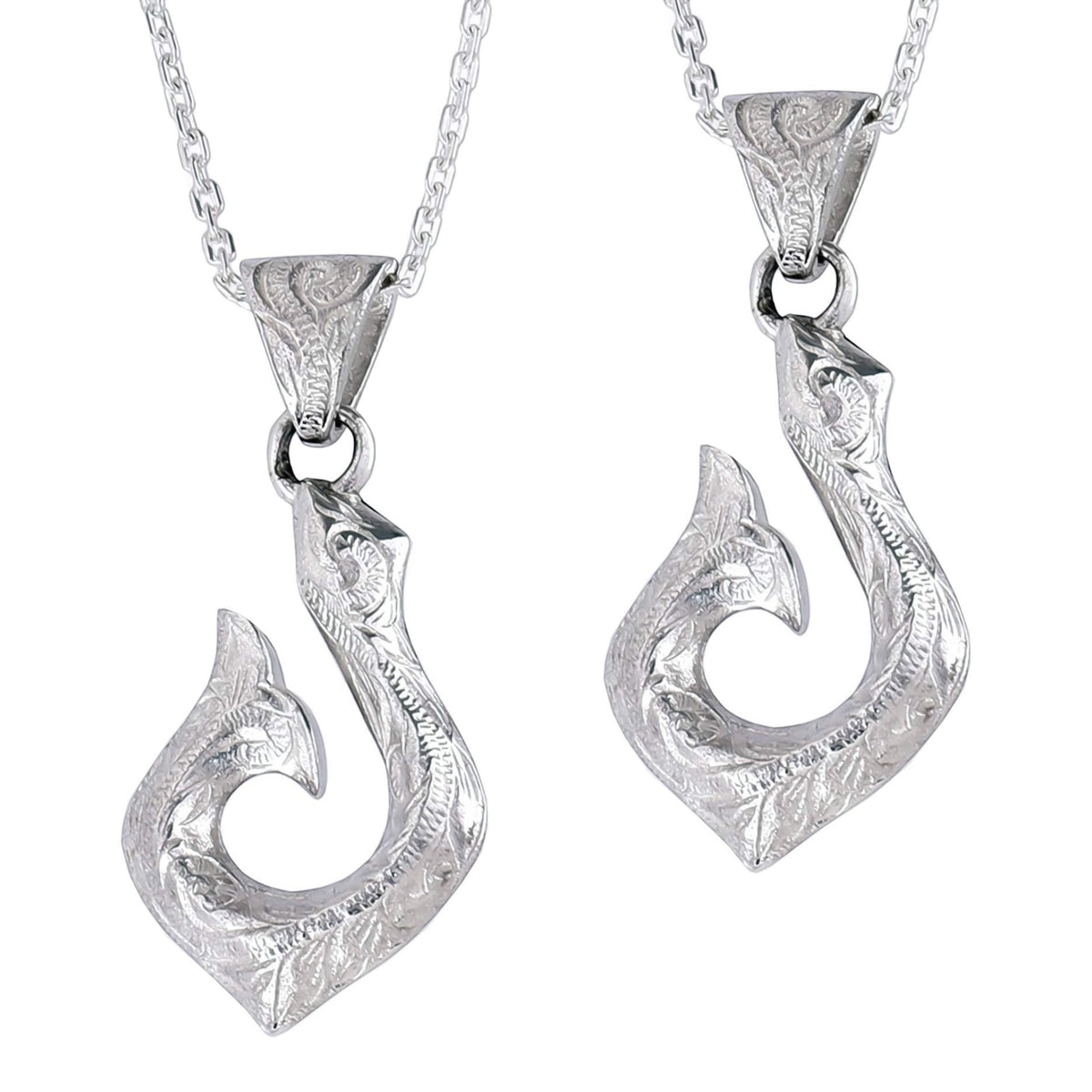 Truelements Jewelry silver 925 Hawaiian fish hook pendant with engraved scroll wave patterns on a silver chain