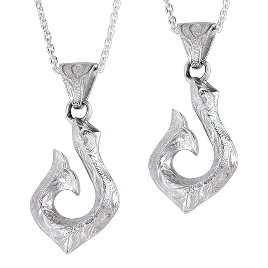 Truelements Jewelry silver 925 Hawaiian fish hook pendant with engraved scroll wave patterns on a silver chain