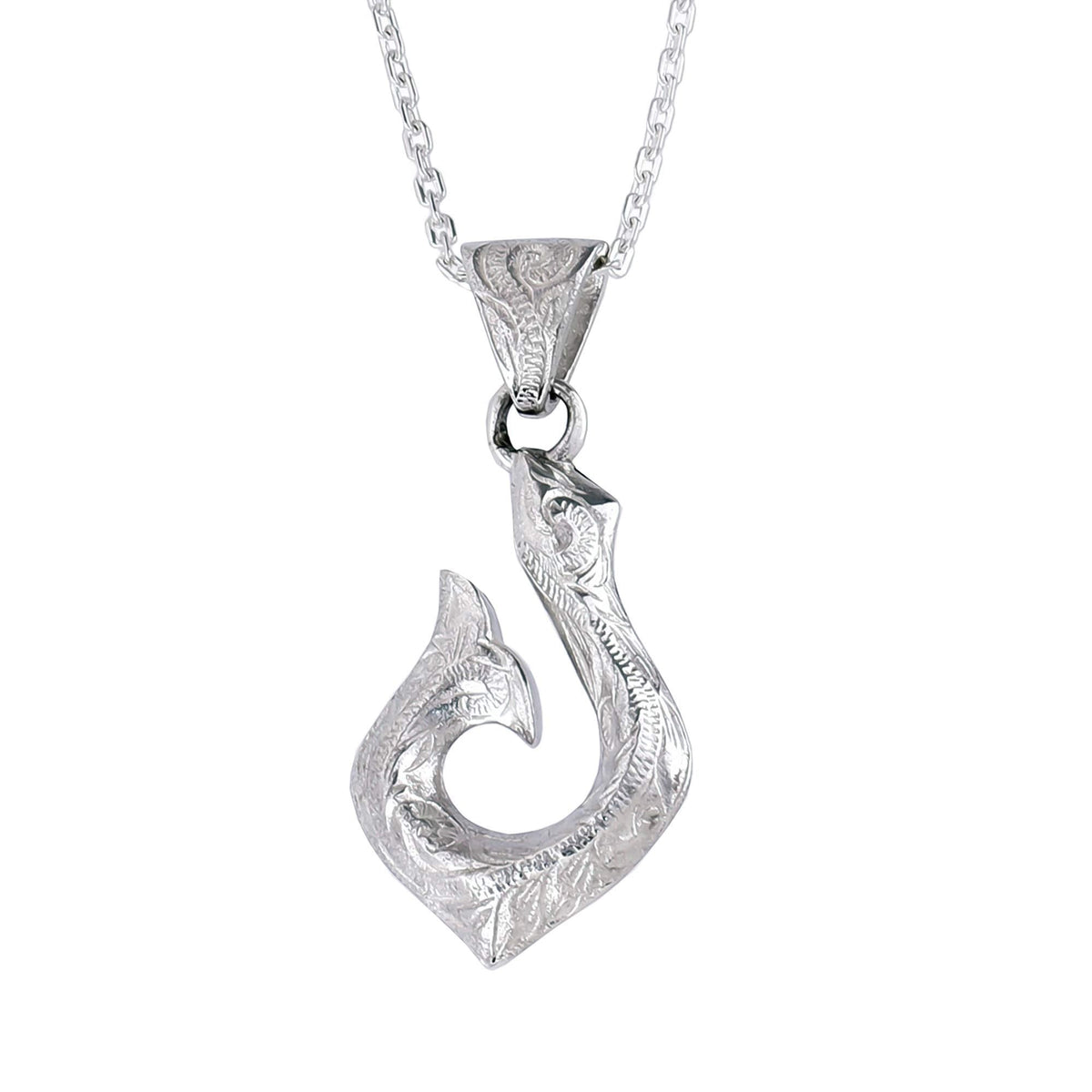 Truelements Jewelry silver 925 Hawaiian fish hook pendant with engraved scroll wave patterns on a silver chain