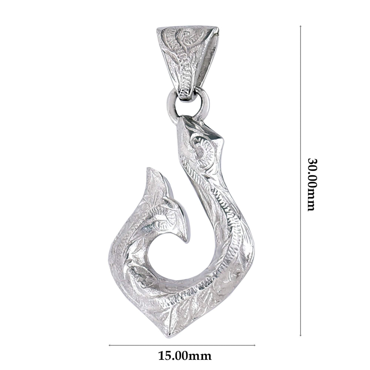 Truelements Jewelry silver 925 Hawaiian fish hook pendant with engraved scroll wave patterns, reversible design