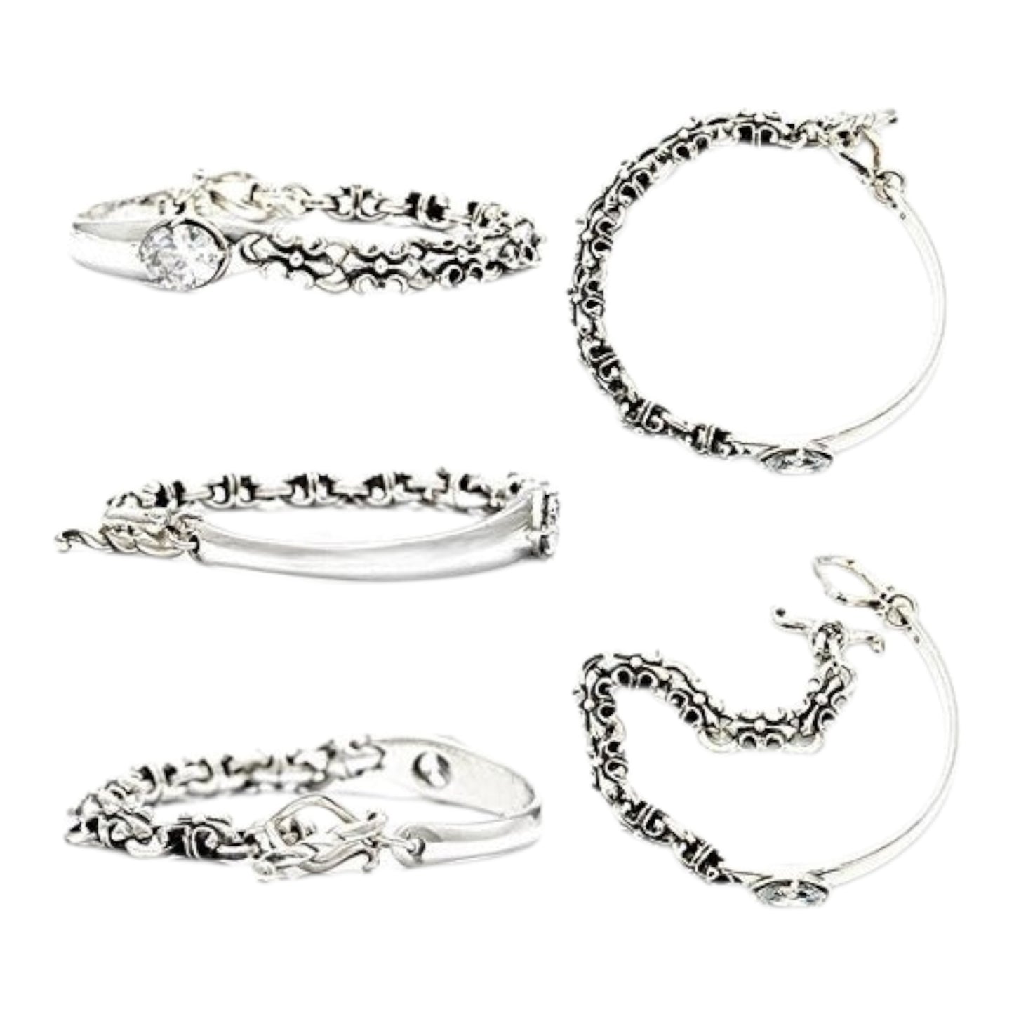 Truelements Jewelry sterling silver bangle featuring a fleur-de-lis motif, clear cubic zirconia, and oxidized finish.