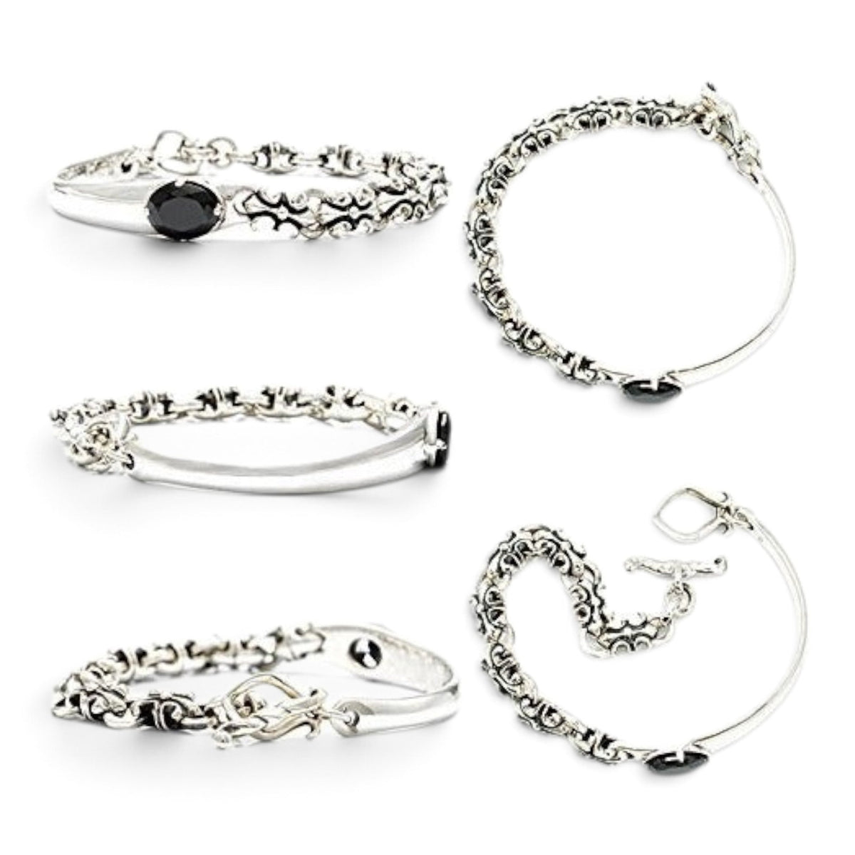 Truelements Jewelry sterling silver bangle featuring a black cubic zirconia stone and ornate fleur-de-lis motifs.
