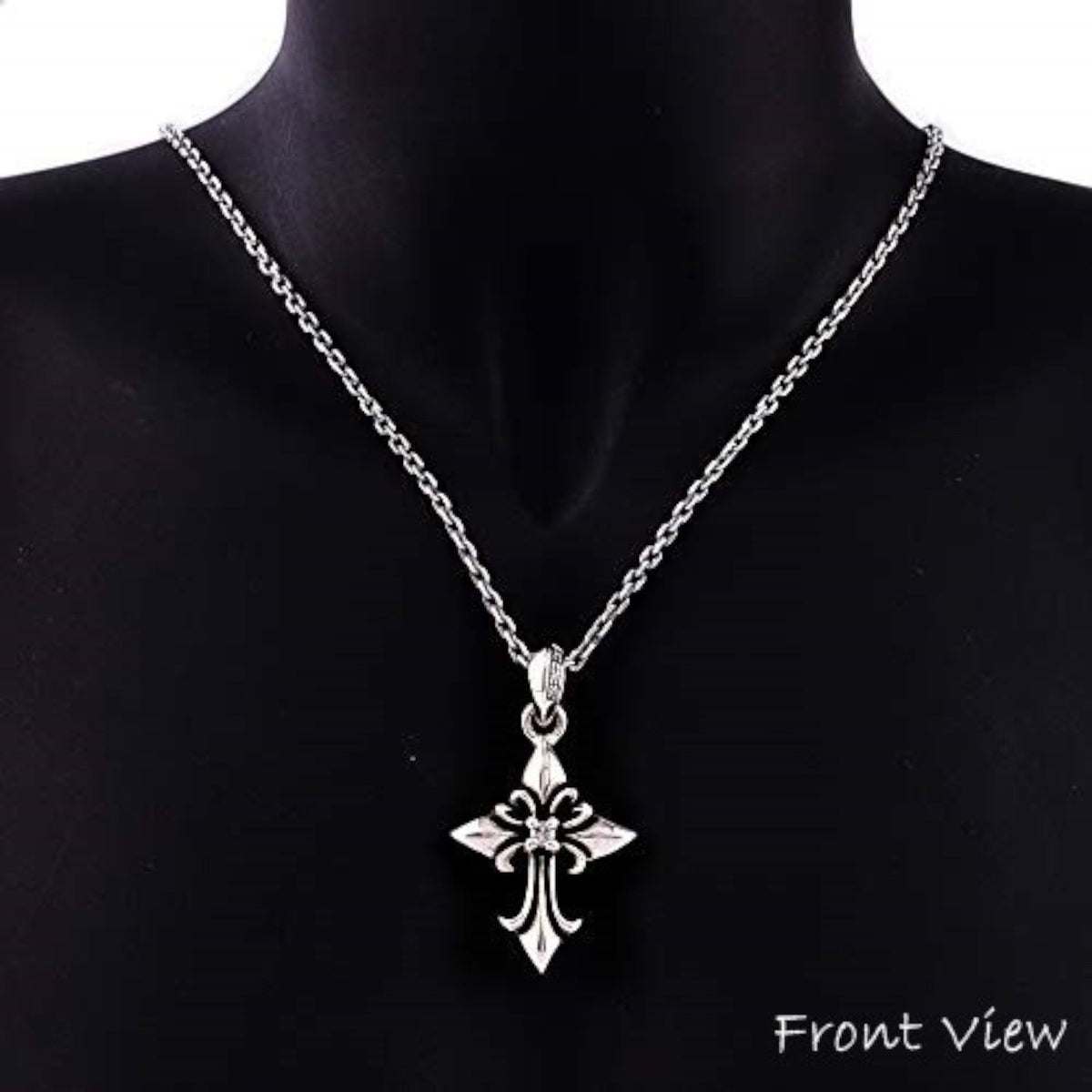 Truelements Jewelry silver 925 fleur-de-lis cross pendant with clear cubic zirconia on a chain