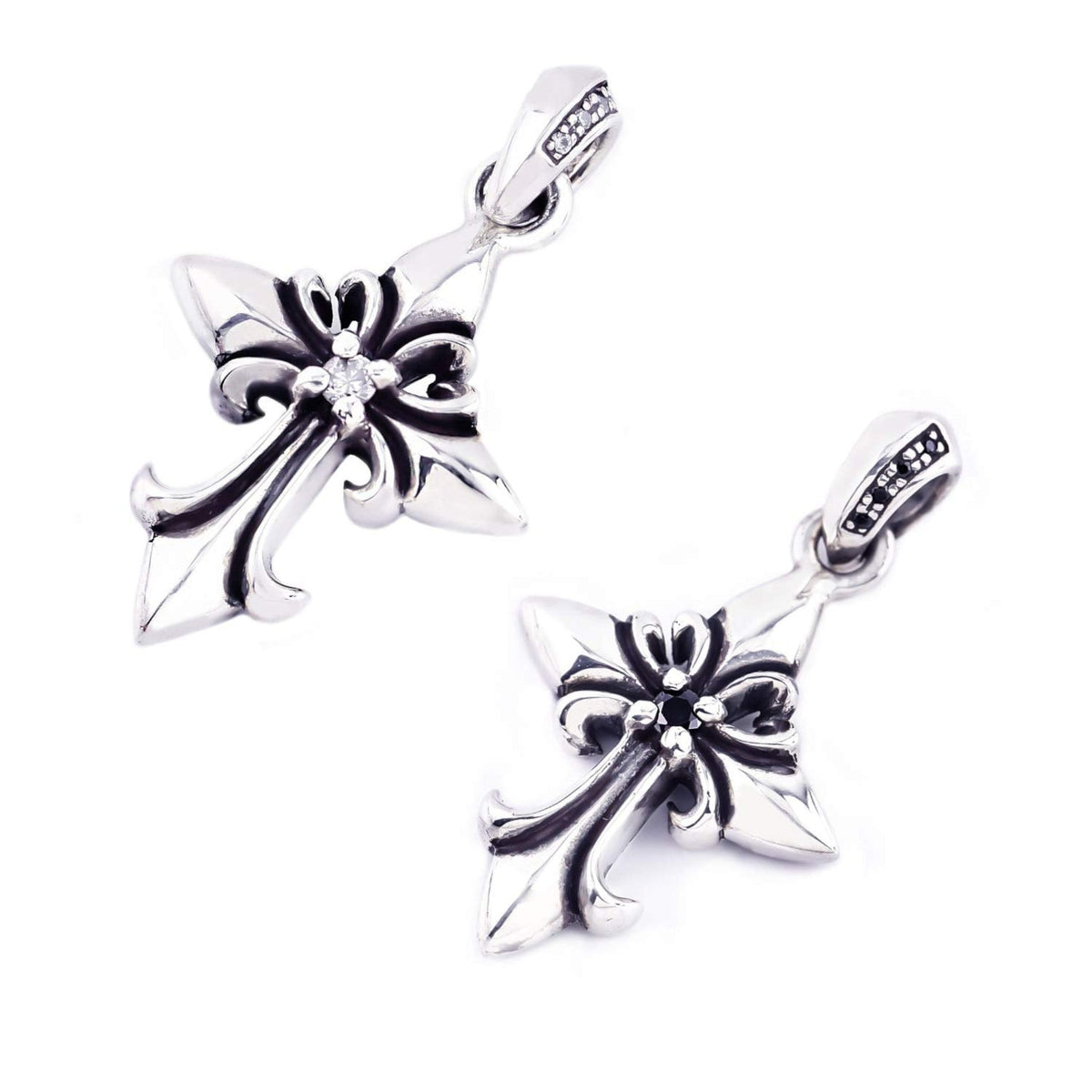 Truelements Jewelry silver 925 fleur-de-lis cross pendant with clear cubic zirconia and oxidized finish