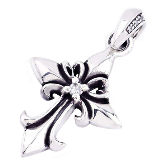 Truelements Jewelry sterling silver cross pendant with fleur-de-lis design and clear cubic zirconia stone