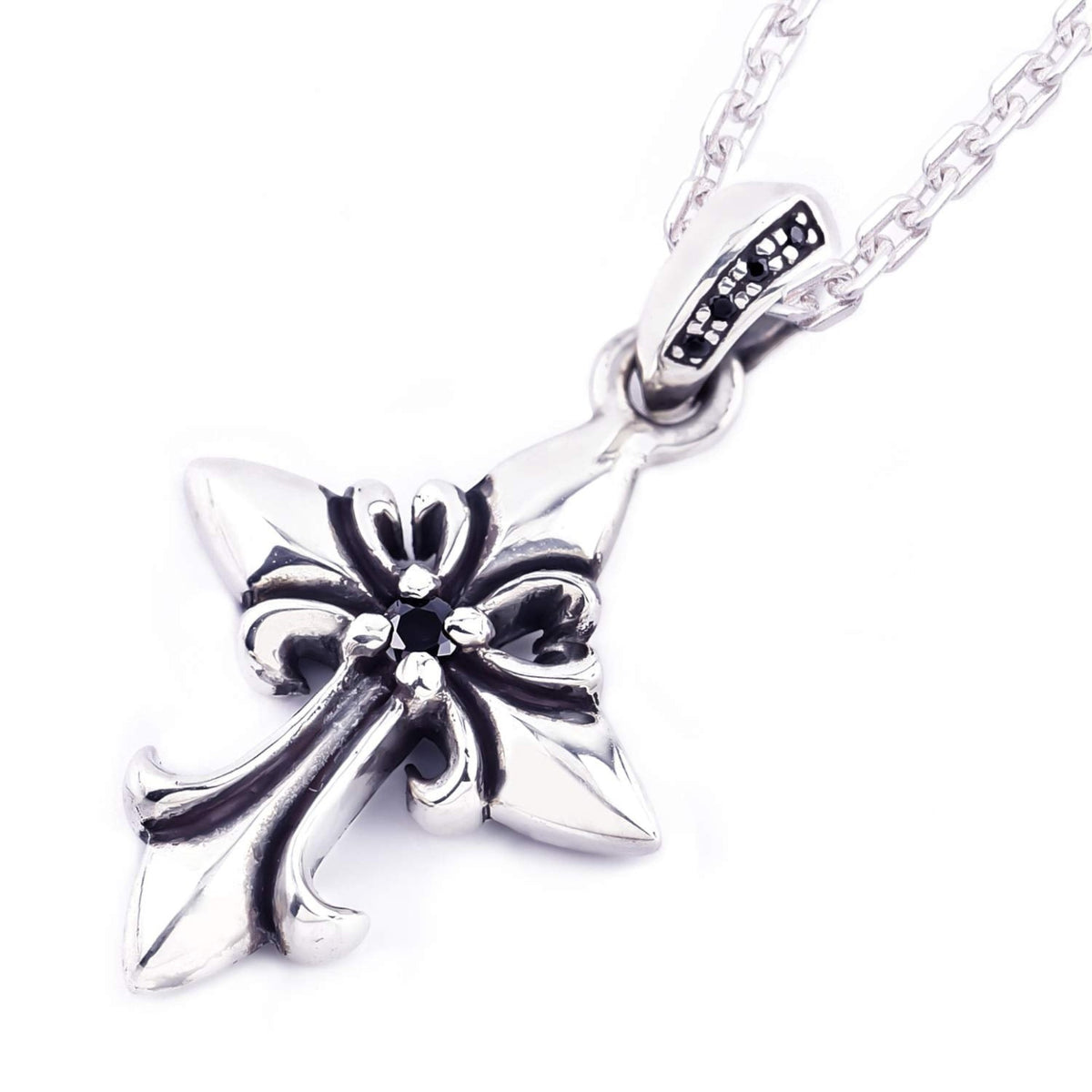 Truelements Jewelry silver 925 fleur-de-lis cross pendant with black cubic zirconia and oxidized finish