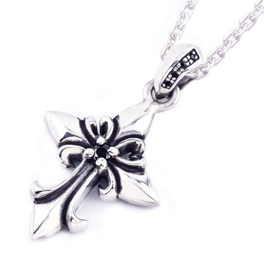 Truelements Jewelry silver 925 fleur-de-lis cross pendant with black cubic zirconia and oxidized finish