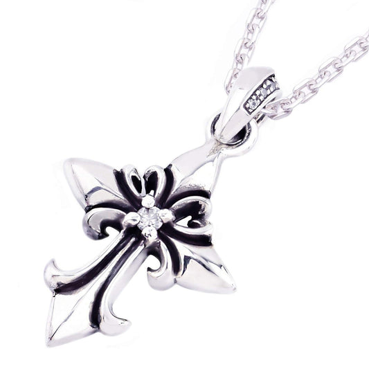 Truelements Jewelry silver 925 fleur-de-lis cross pendant with clear cubic zirconia and oxidized detailing