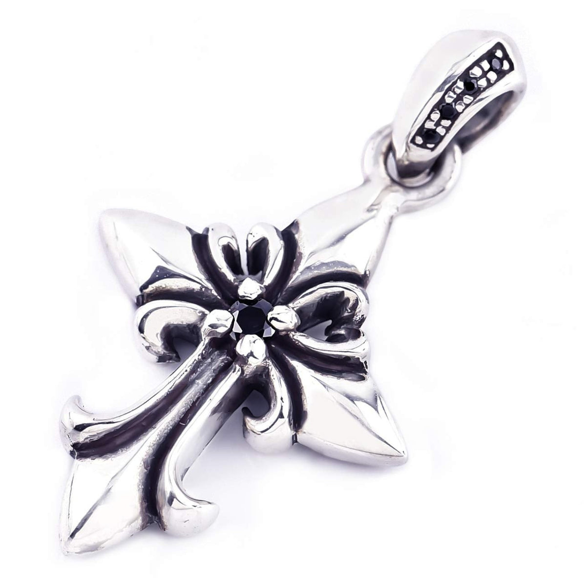 Truelements Jewelry silver 925 fleur-de-lis cross pendant with a black cubic zirconia stone and oxidized finish.