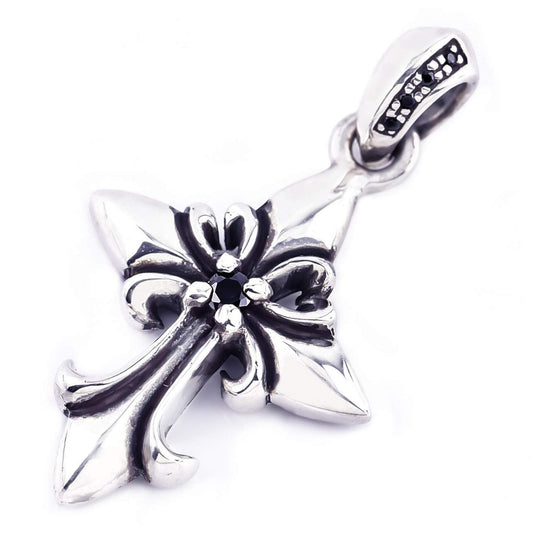 Truelements Jewelry silver 925 fleur-de-lis cross pendant with a black cubic zirconia stone and oxidized finish.