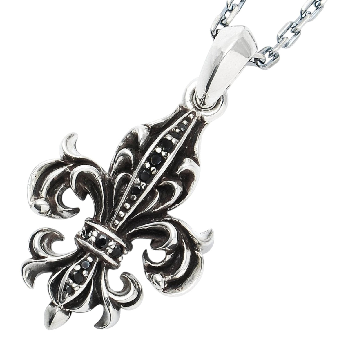 Truelements Jewelry sterling silver fleur-de-lis pendant with black zirconia stones and oxidized gothic detailing