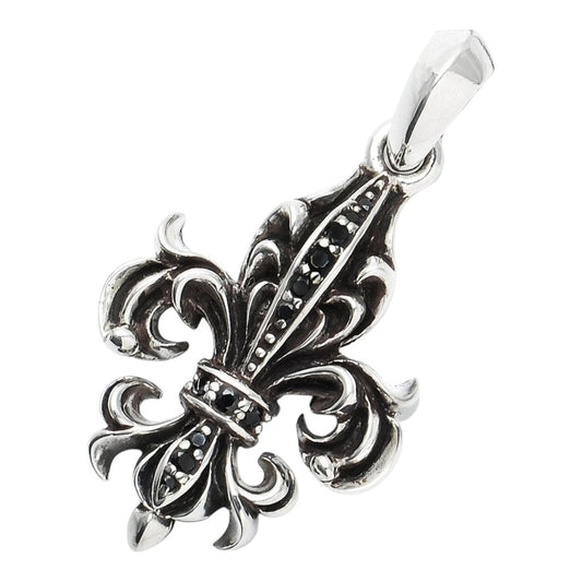 Truelements Jewelry sterling silver fleur-de-lis pendant with black zirconia and oxidized gothic arabesque details