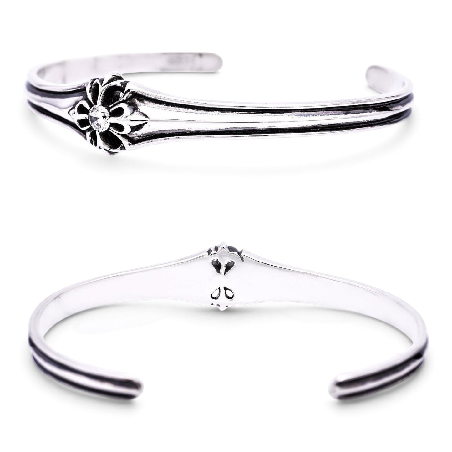 Truelements Jewelry sterling silver cuff bracelet with floral cross motif and clear cubic zirconia center stone