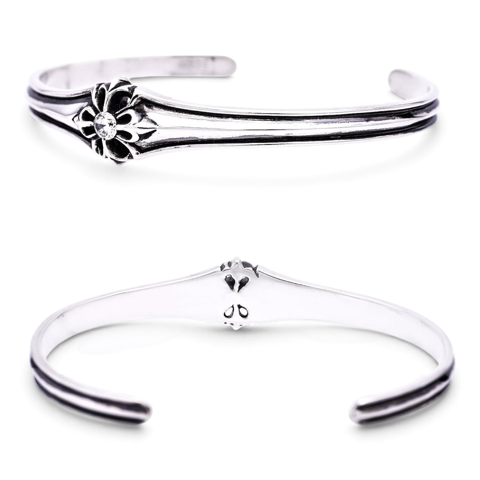 Truelements Jewelry sterling silver cuff bracelet with floral cross motif and clear cubic zirconia center stone