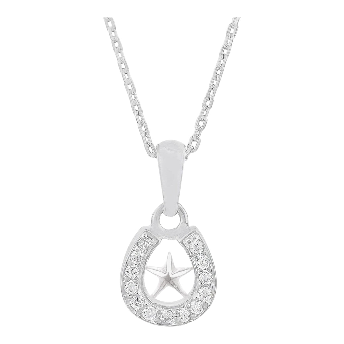 Truelements Jewelry sterling silver horseshoe pendant necklace featuring a central star and clear cubic zirconia