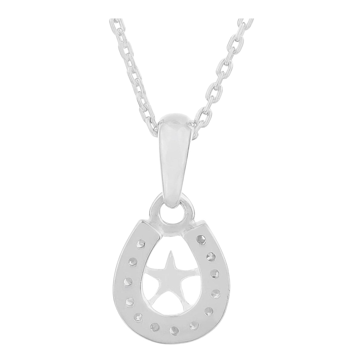 Truelements Jewelry sterling silver horseshoe pendant necklace with a central star and clear zirconia accents