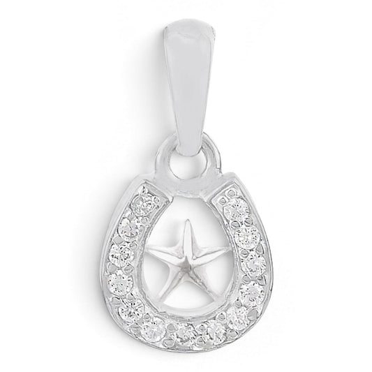 Truelements Jewelry sterling silver horseshoe pendant with a central star and clear zirconia stones