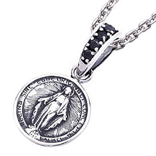 Truelements Jewelry sterling silver round Miraculous Medal pendant with black zirconia stones on an anchor chain