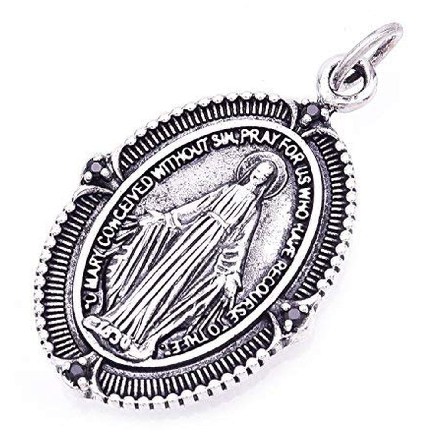 Truelements Jewelry sterling silver Miraculous Medal pendant featuring black zirconia accents and intricate detailing