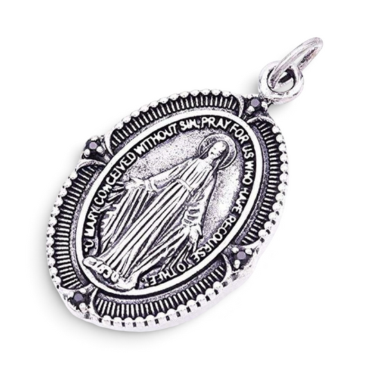 Truelements Jewelry sterling silver Miraculous Medal pendant featuring black zirconia accents and intricate detailing
