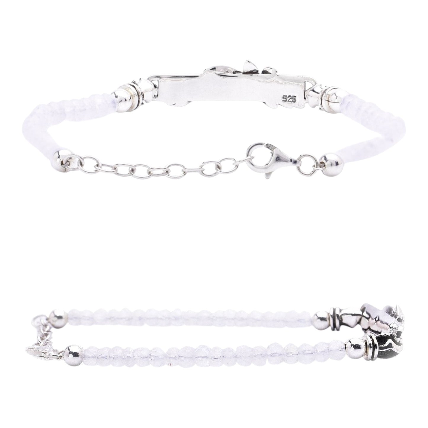 Truelements Jewelry sterling silver arabesque bracelet featuring 4mm rainbow moonstone beads and an adjustable chain.