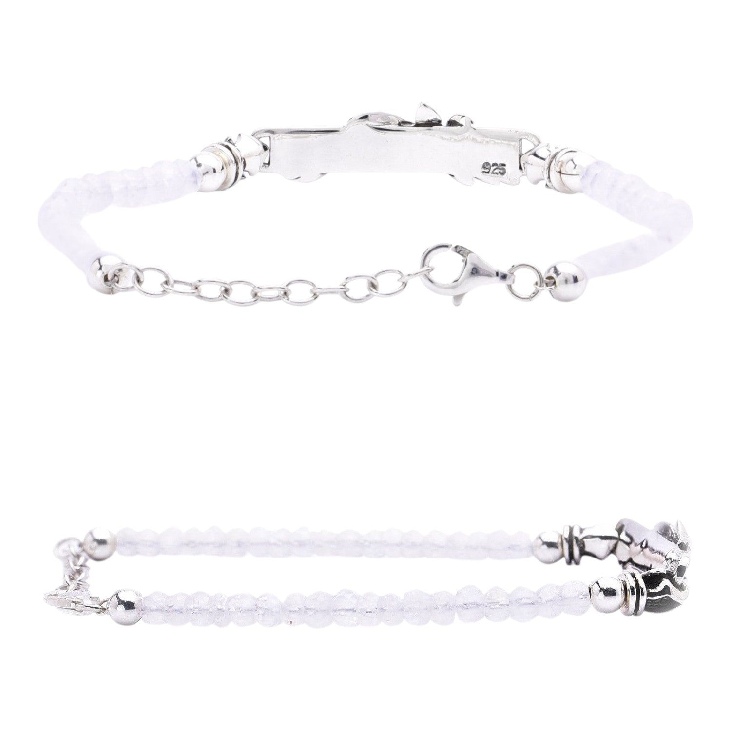 Truelements Jewelry sterling silver arabesque bracelet featuring 4mm rainbow moonstone beads and an adjustable chain.
