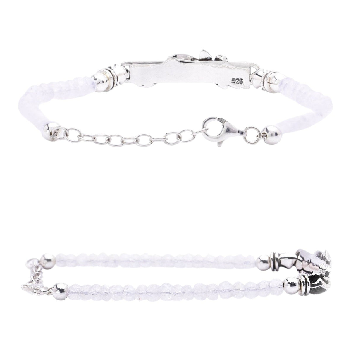 Truelements Jewelry sterling silver arabesque bracelet featuring 4mm rainbow moonstone beads and an adjustable chain.